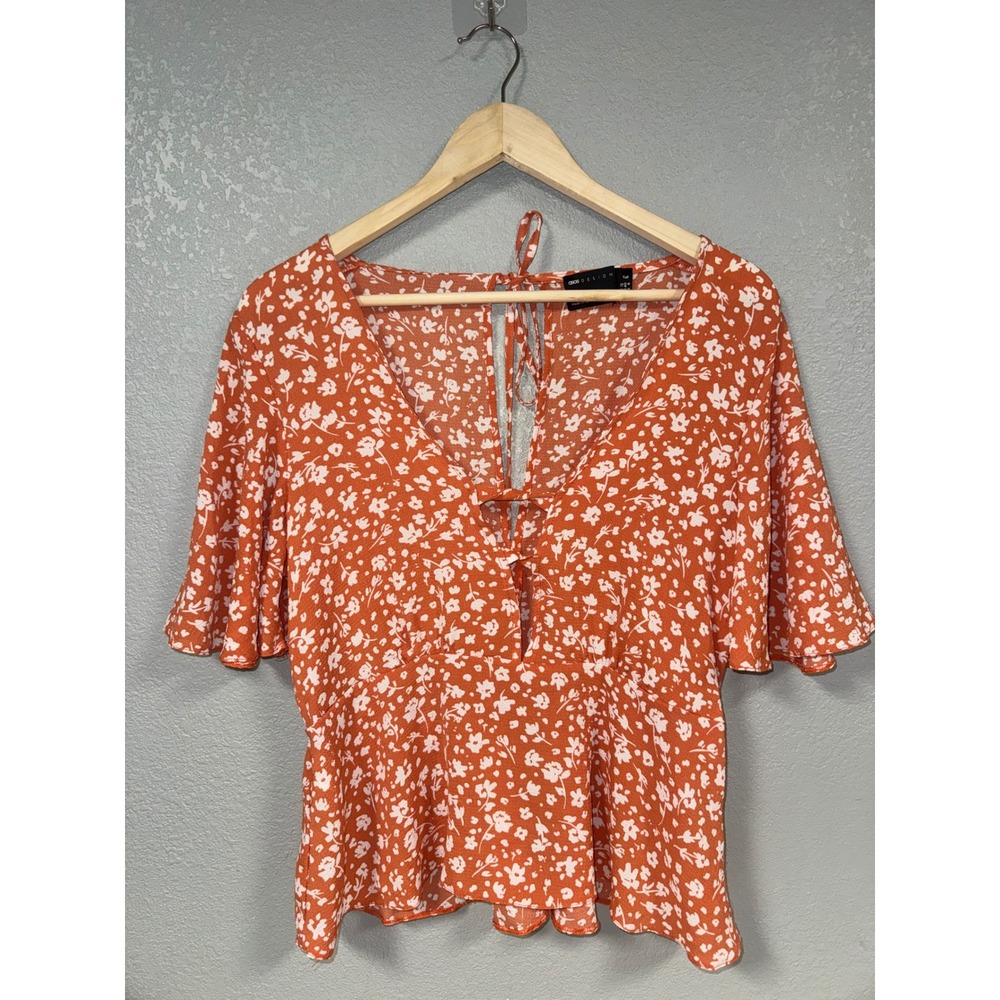 ASOS DESIGN Rust‎ Floral Flutter Sleeve Tie Front Peplum Top Size 8 Tall